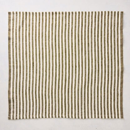 21-inch square linen napkin with green and white ticking stripes on a white background.