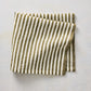 Folded 21-inch square linen napkin with green and white ticking stripes on a neutral background.
