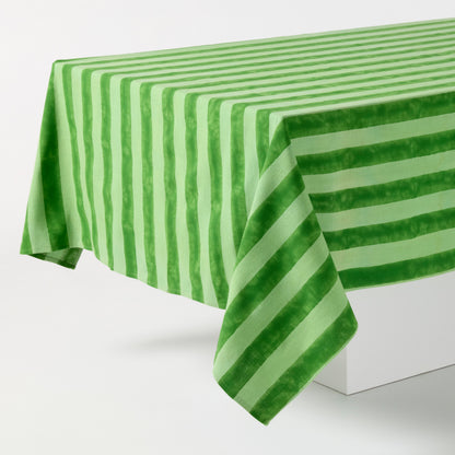 Green Tonal Hampton Stripe Cotton Tablecloth, 70"W x 108"L, with bold two-toned stripes.