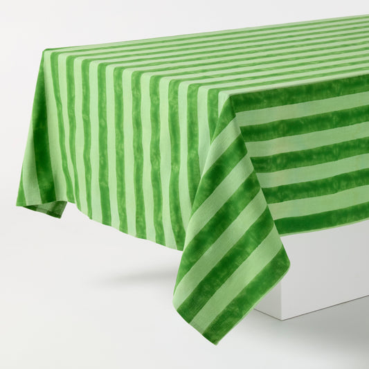 Green Tonal Hampton Stripe Cotton Tablecloth, 70"W x 108"L, with bold two-toned stripes.