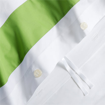 Green Wide-Band Percale Duvet Cover with white fabric, button closure, and corner ties.