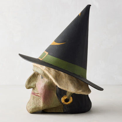 Vintage-style green witch papier-mâché Halloween candy bucket with a tall black hat, 13 inches tall.