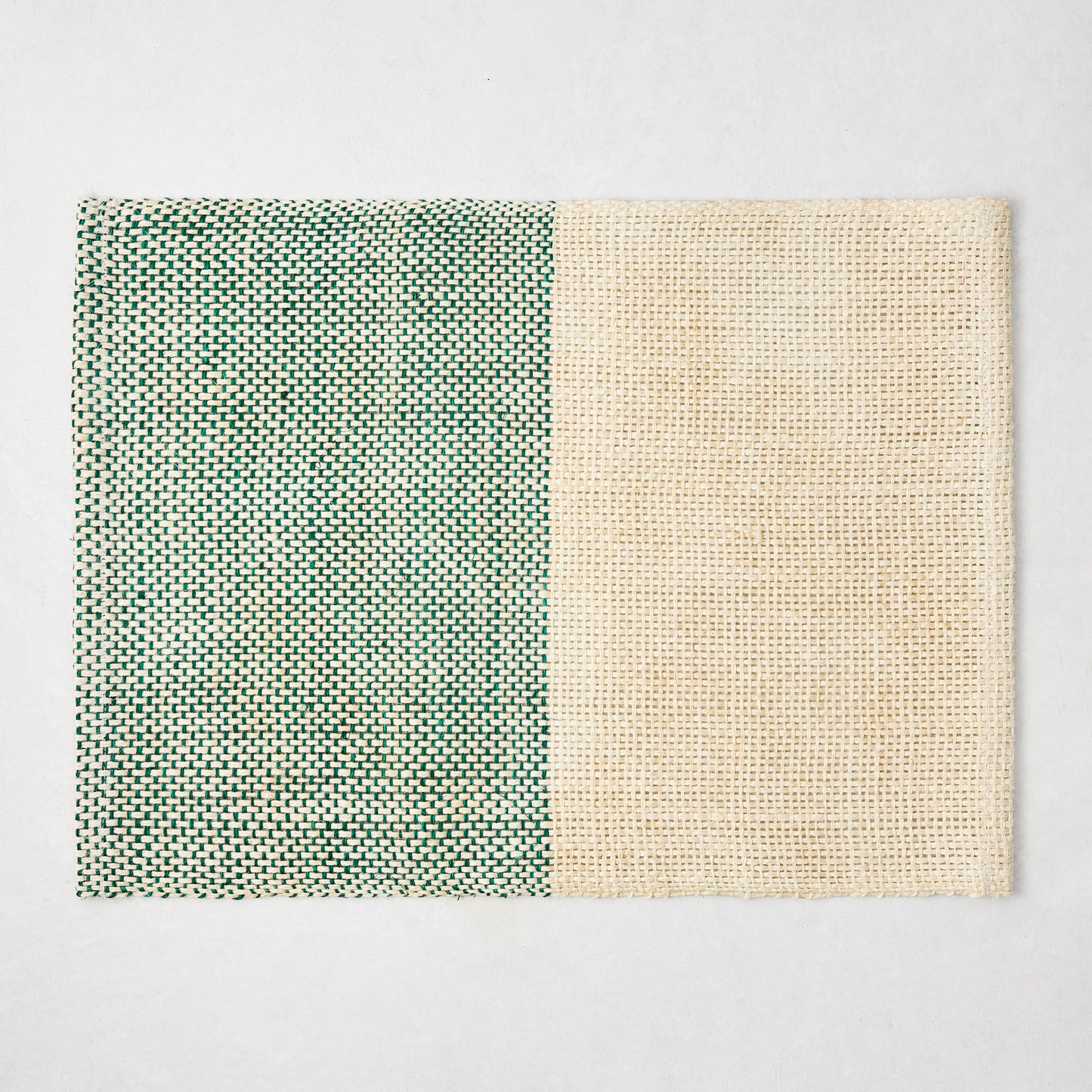 Green and beige woven abaca and jute rectangular half & half placemat, 19"x14".