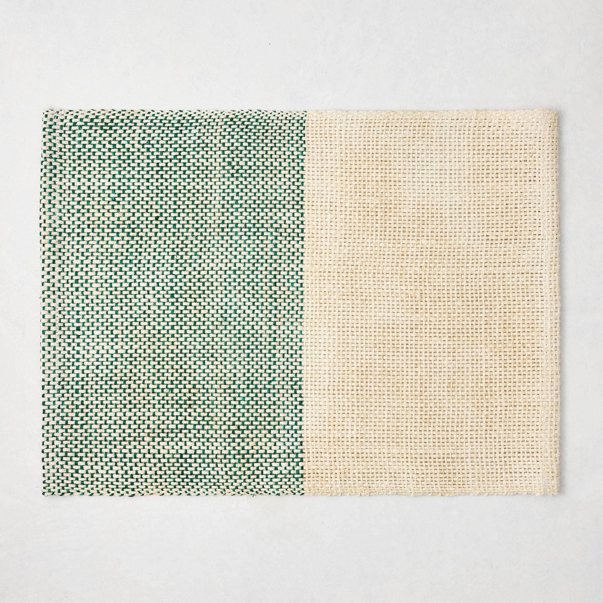 Green and beige woven abaca and jute rectangular half & half placemat, 19"x14".