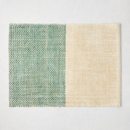 Green and beige woven abaca and jute rectangular half & half placemat, 19"x14".