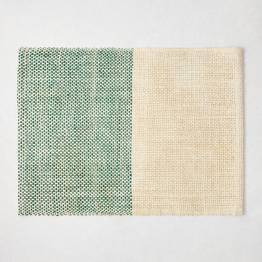 Green and beige woven abaca and jute rectangular half & half placemat, 19"x14".
