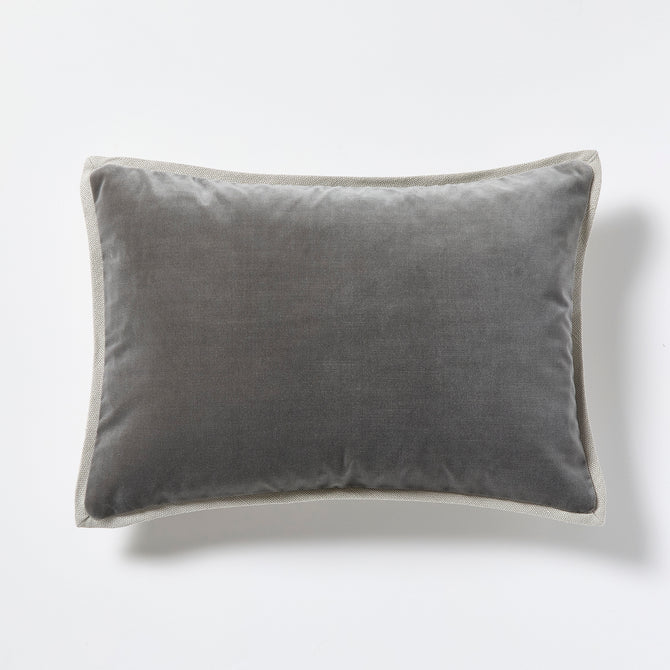 Grey linen and velvet reversible lumbar pillow, 20"L x 14"H.