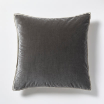 Grey linen and velvet 22" square reversible pillow with a subtle textured edge.