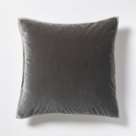 Grey linen and velvet 22" square reversible pillow with a subtle textured edge.