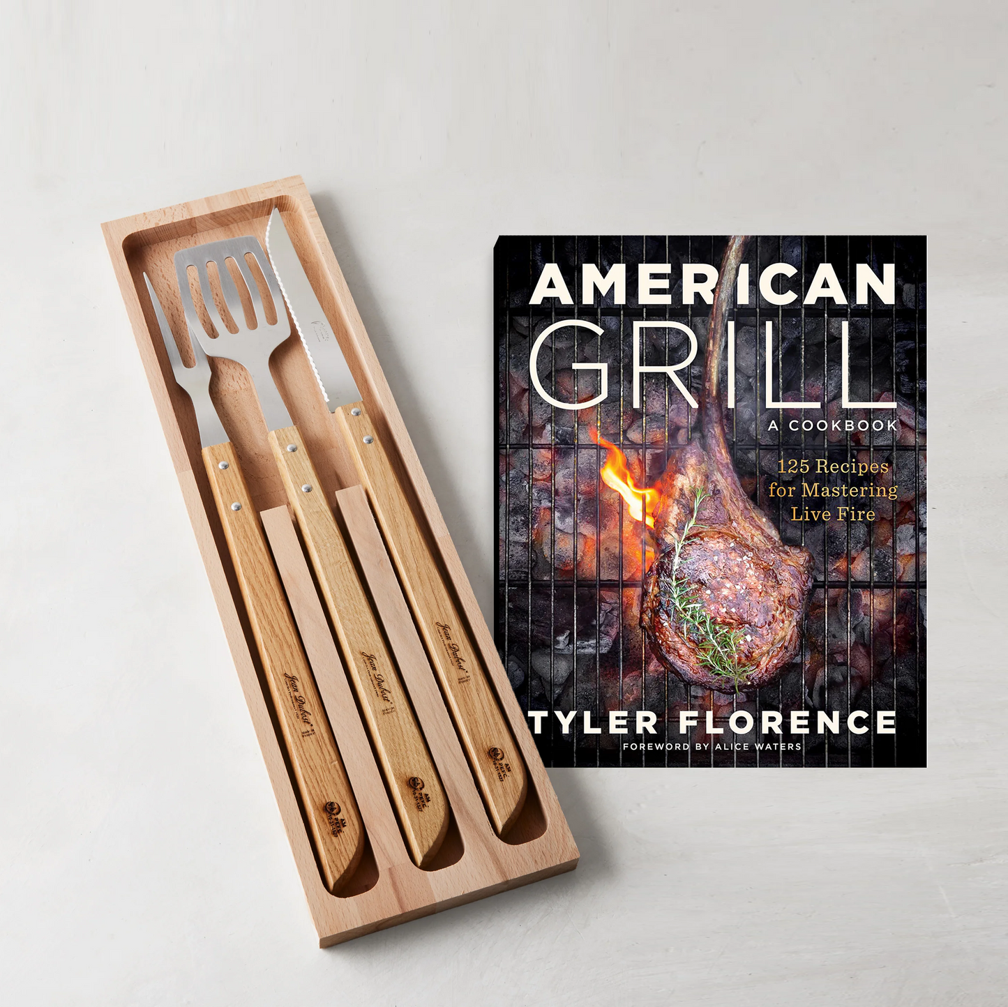 Grill Master Gift Set: Jean Dubost 3-piece BBQ tool set in a natural wood box, with Tyler Florence's "American Grill" cookbook.