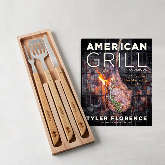Grill Master Gift Set: Jean Dubost 3-piece BBQ tool set in a natural wood box, with Tyler Florence's "American Grill" cookbook.