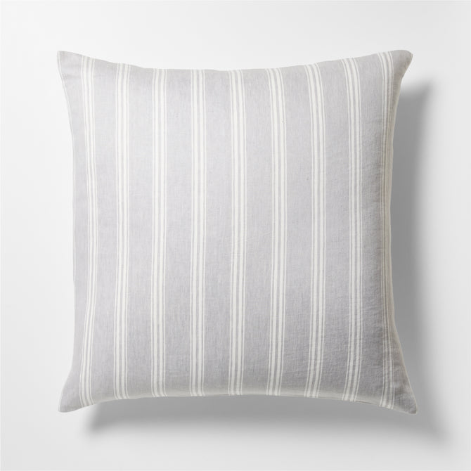 Guest House Stripe Linen Pillow Sham with oyster and light grey vertical stripes.