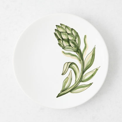7.8-inch white ceramic salad plate with a hand-painted green artichoke design, made in Italy.