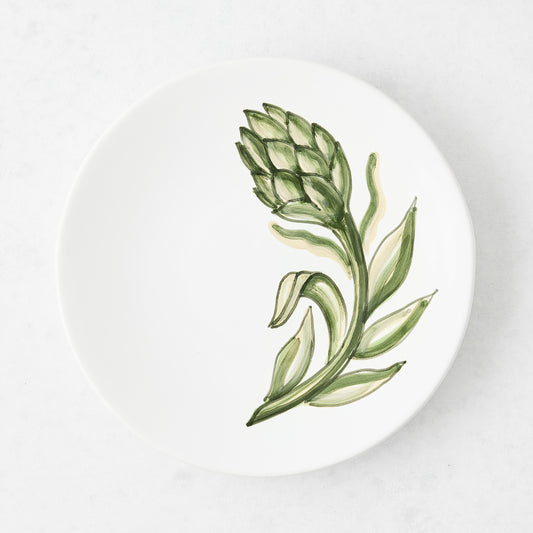 7.8-inch white ceramic salad plate with a hand-painted green artichoke design, made in Italy.