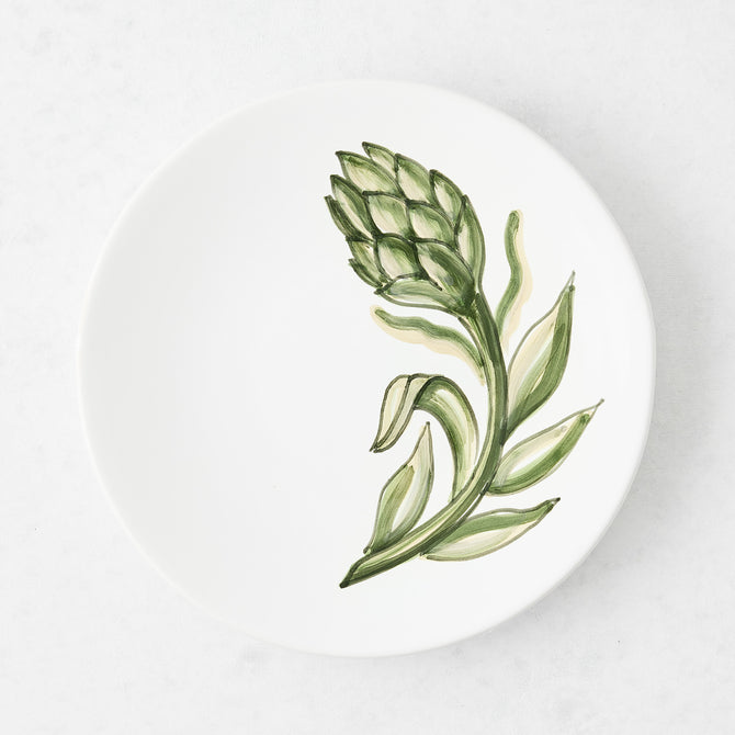7.8-inch white ceramic salad plate with a hand-painted green artichoke design, made in Italy.