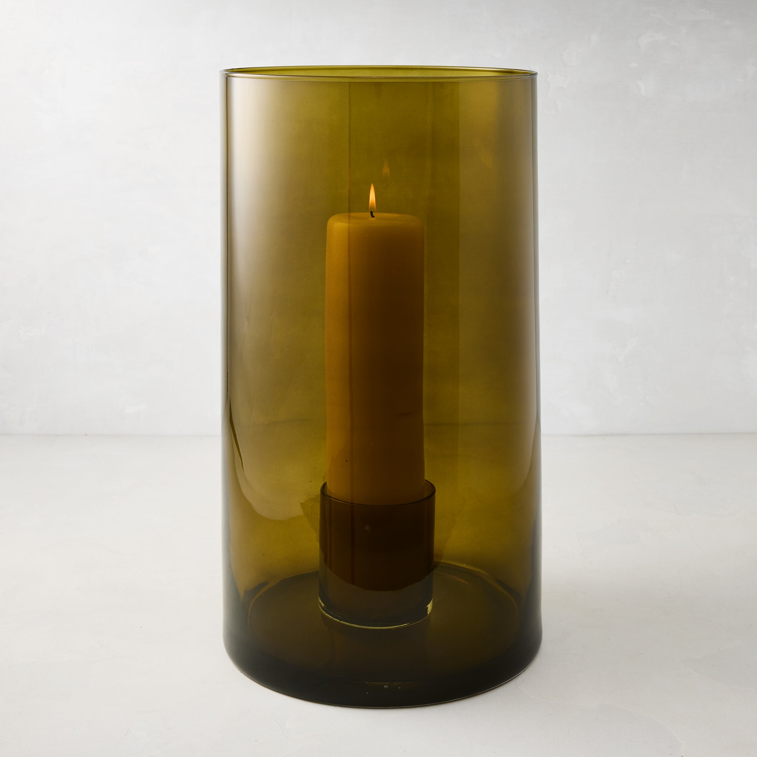 Handcrafted Olive Green Large Glass Hurricane - Hudson Grace