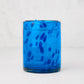 Handmade 12oz blue tortoise double old-fashioned glass, mouth-blown with unique dark blue speckles.