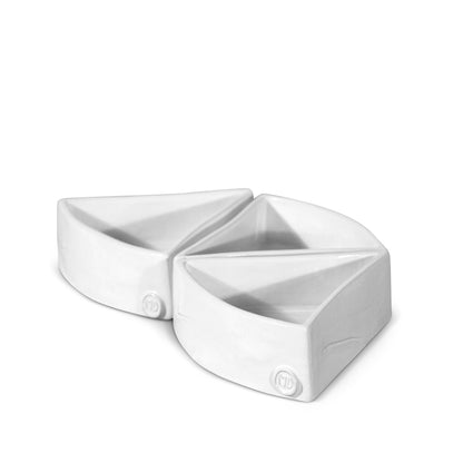 Two creamy white, organic-shaped ceramic appetizer bowls by Montes Doggett, 5"L x 5"W x 1.75"H.