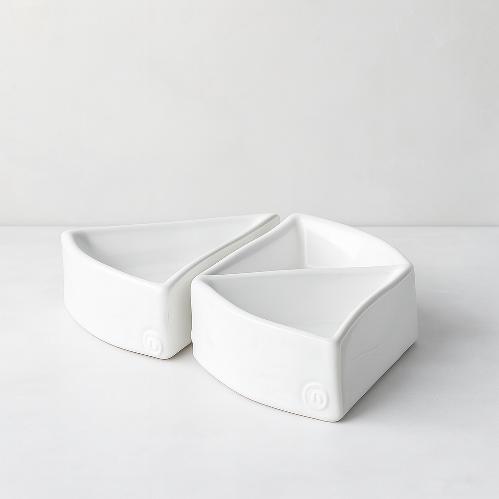 Two creamy white, handmade Peruvian ceramic appetizer bowls, organic-shaped, 5"L x 5"W x 1.75"H.