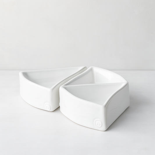 Two creamy white, handmade Peruvian ceramic appetizer bowls, organic-shaped, 5"L x 5"W x 1.75"H.