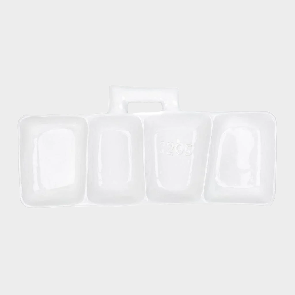 Handmade Montes Doggett creamy white ceramic appetizer platform with four sections and a handle, engraved with "1205".
