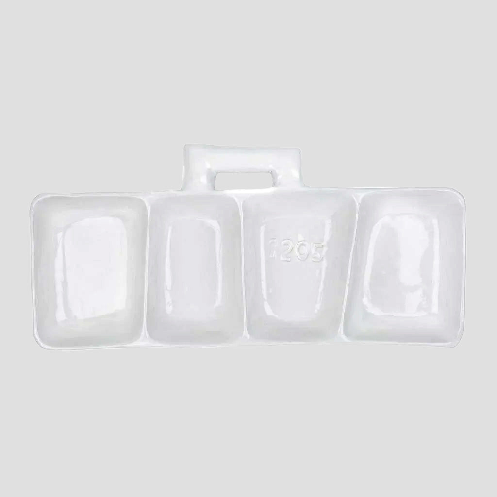 Handmade creamy white ceramic appetizer platform by Montes Doggett, with four sections and a handle.