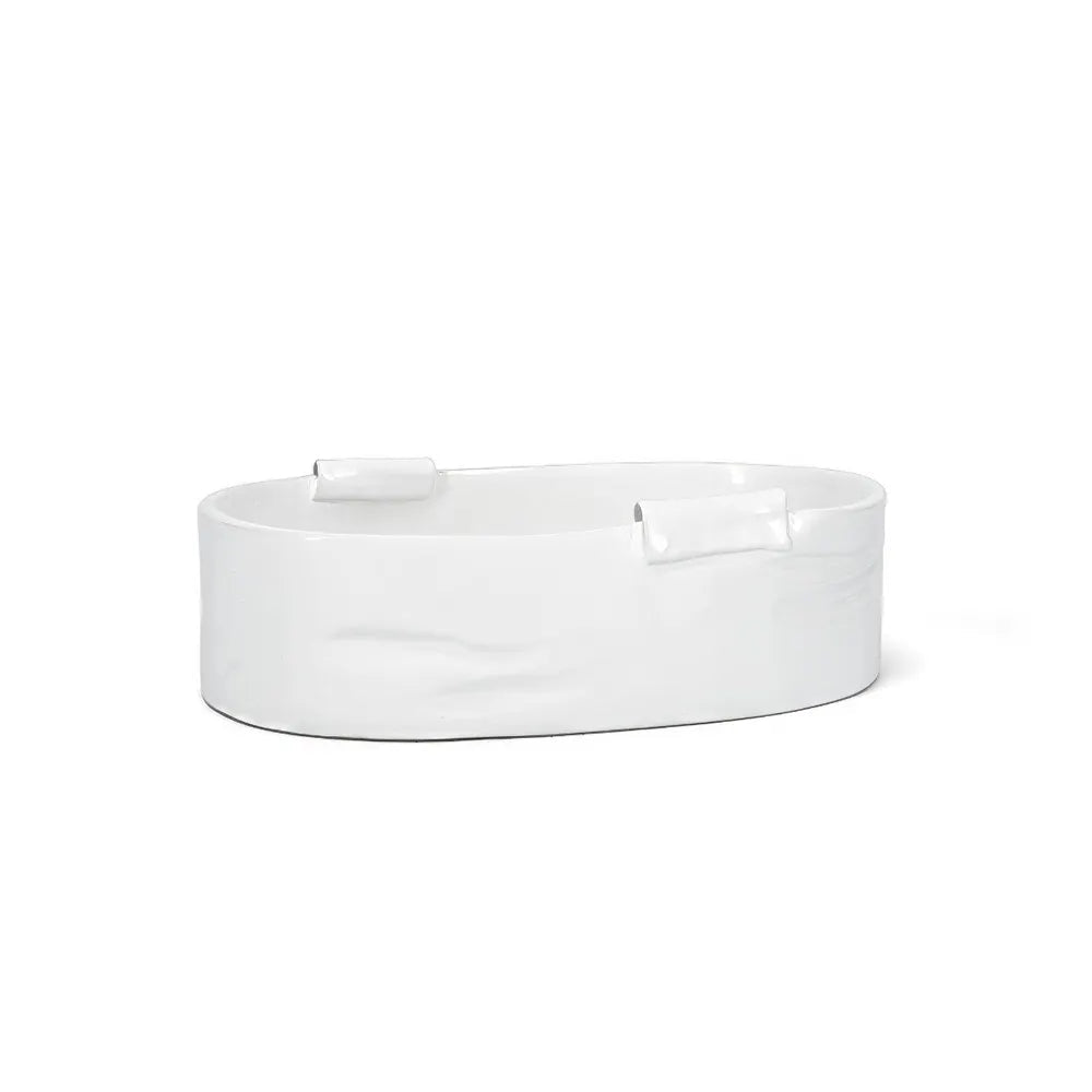 Handmade Montes Doggett Ceramic Baker 4696, small, creamy white glazed, organic shape, 11"L x 7"W x 3"H.