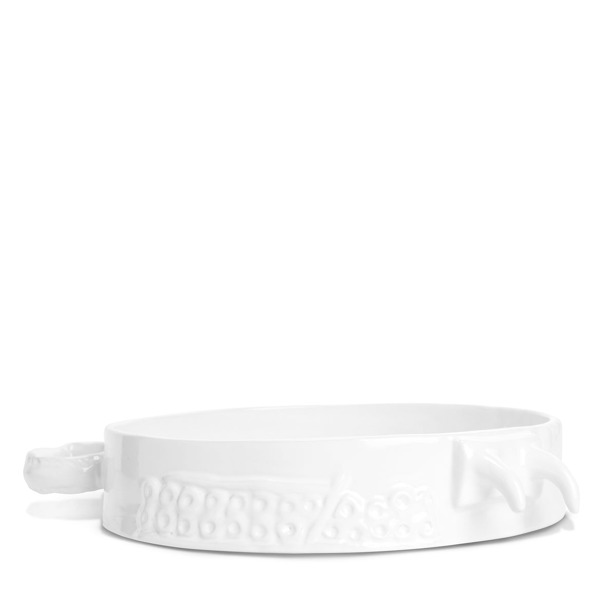 Handmade creamy white ceramic baker by Montes Doggett, 11"Dia, with organic shape and textured details.