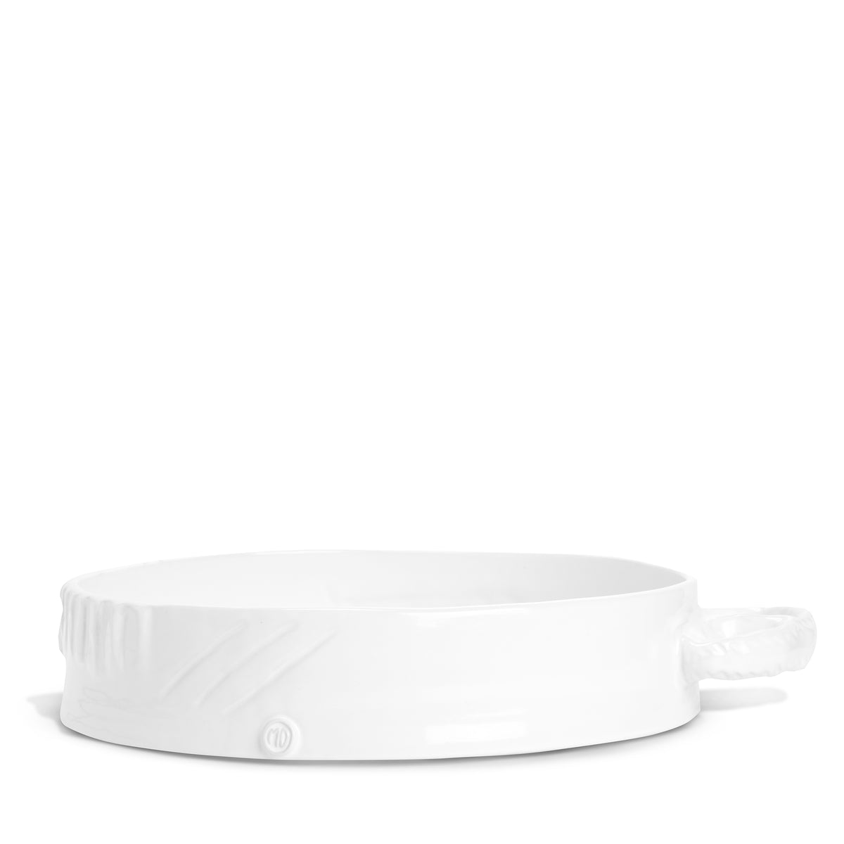 Handmade creamy white ceramic baker by Montes Doggett, 11"Dia, with organic shape and textured handle.