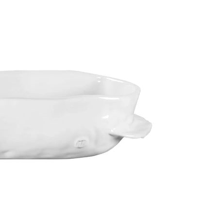 Handmade creamy white ceramic baker 5208 by Montes Doggett, organic shape, 12"L x 8"W x 3"H.