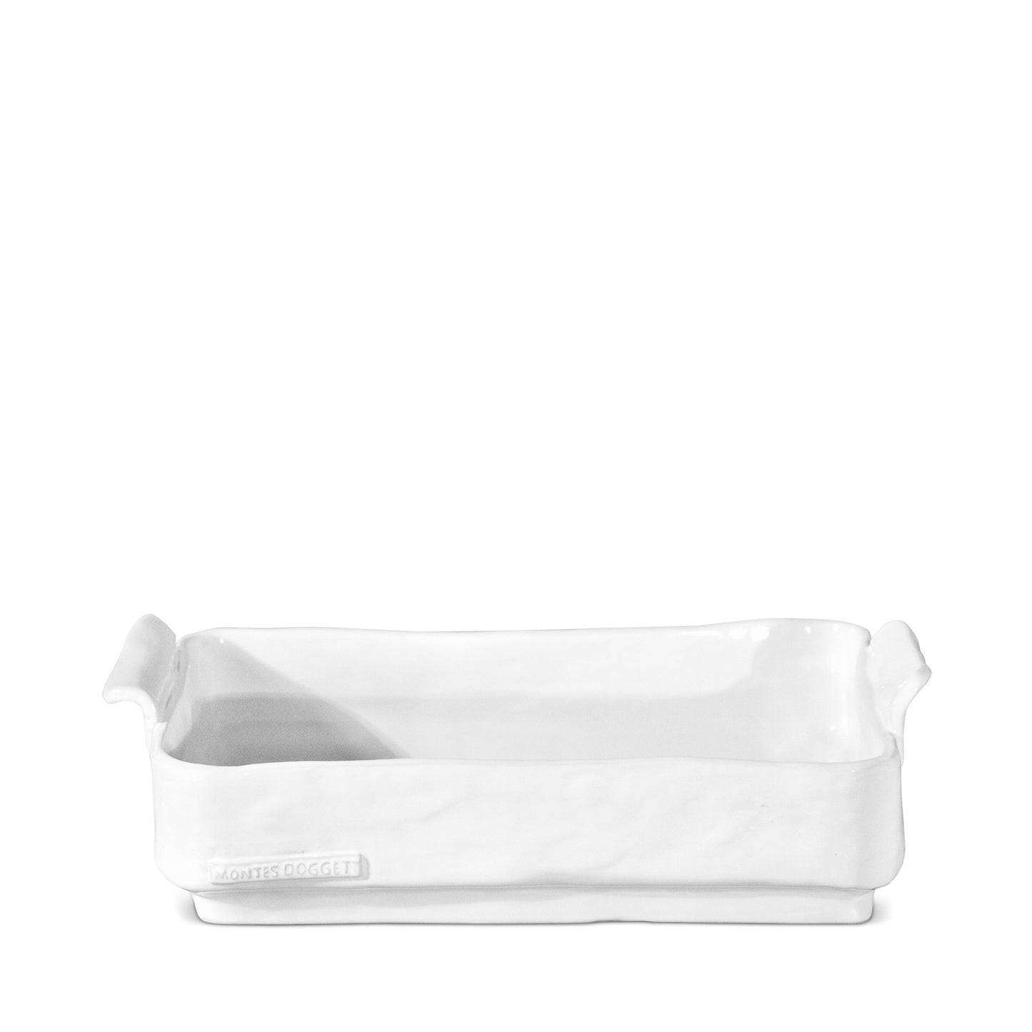 Handmade Montes Doggett ceramic baker, creamy white glazed, organic shape, 12.75"L x 7.5"W x 3.5"H.