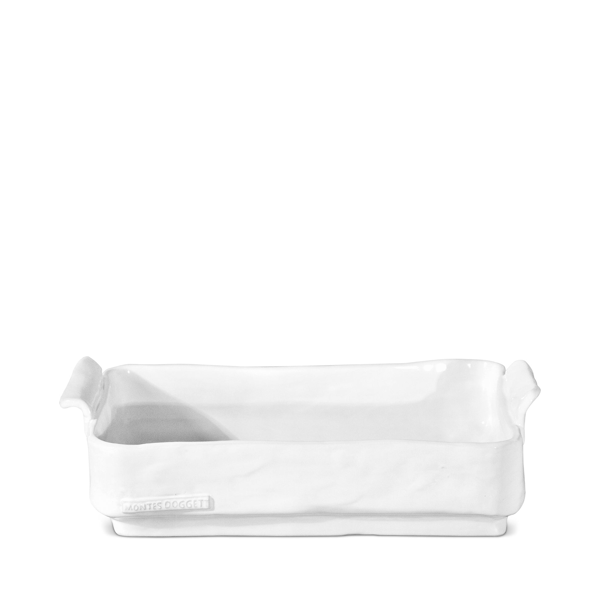 Handmade Montes Doggett ceramic baker, creamy white glazed, organic shape, 12.75"L x 7.5"W x 3.5"H.