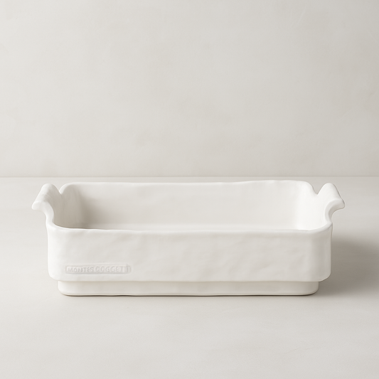 Handmade creamy white ceramic baker by Montes Doggett, organic shape with handles.