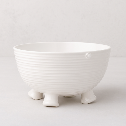 Handmade Montes Doggett ceramic bowl 4781, creamy white glaze, ribbed texture, three feet, 12.5"Dia x 9"H.