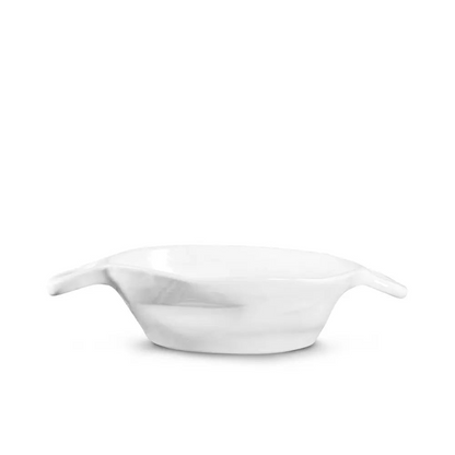 Handmade Montes Doggett ceramic bowl, creamy white glaze, 8.5"Dia x 2.75"H, with subtle handles.