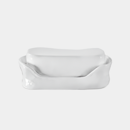 Handmade creamy white ceramic butter dish by Montes Doggett, 10.75"Dia. x 7.5" H.