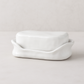 Handmade Montes Doggett ceramic butter dish with creamy white glaze, 10.75"Dia. x 7.5"H.