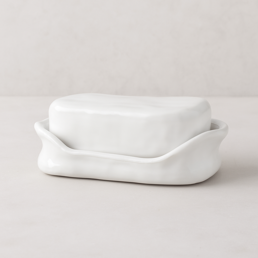 Handmade Montes Doggett ceramic butter dish with creamy white glaze, 10.75"Dia. x 7.5"H.
