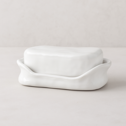 Handmade Montes Doggett ceramic butter dish with creamy white glaze, 10.75"Dia. x 7.5"H.