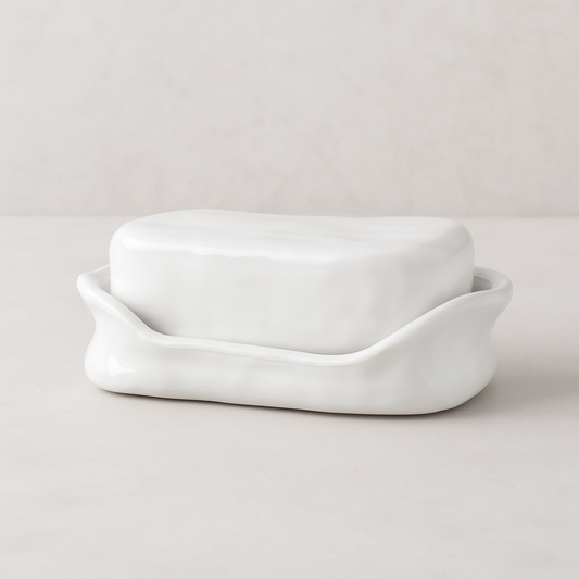 Handmade Montes Doggett ceramic butter dish with creamy white glaze, 10.75"Dia. x 7.5"H.