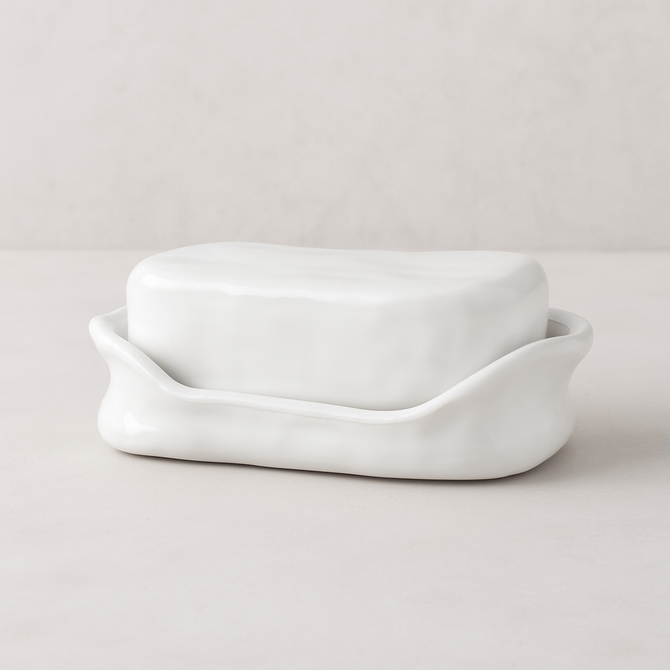 Handmade Montes Doggett ceramic butter dish with creamy white glaze, 10.75"Dia. x 7.5"H.