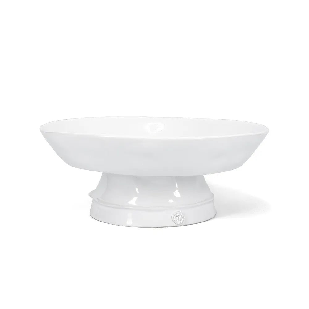 Handmade Montes Doggett ceramic catchall bowl, creamy white glaze, 12.5"D x 4.75"H, pedestal base.