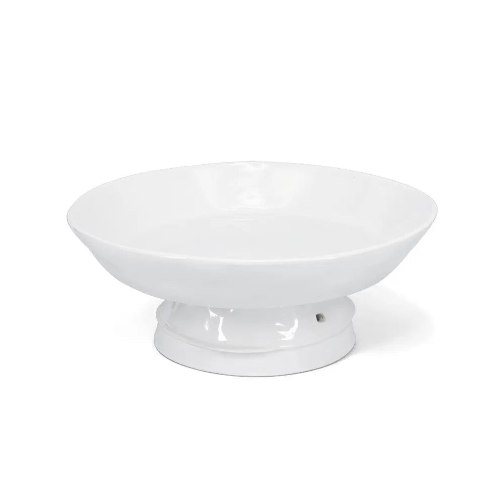 Handmade Montes Doggett creamy white ceramic catchall bowl on a pedestal, 12.5"D x 4.75"H.