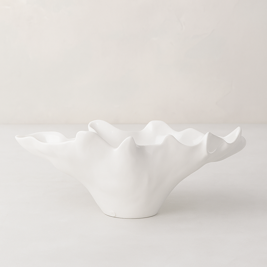 Montes Doggett Handmade Ceramic Centerpiece 4773, white organic-shaped bowl, 18"L x 17"W x 11"H.