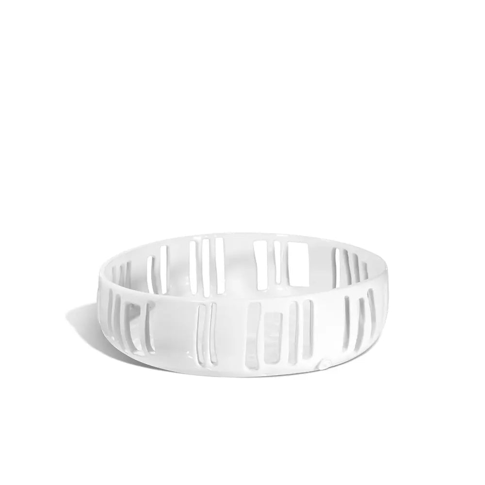 Handmade Montes Doggett ceramic colander, creamy white glaze, 12"Dia, with vertical slotted design.