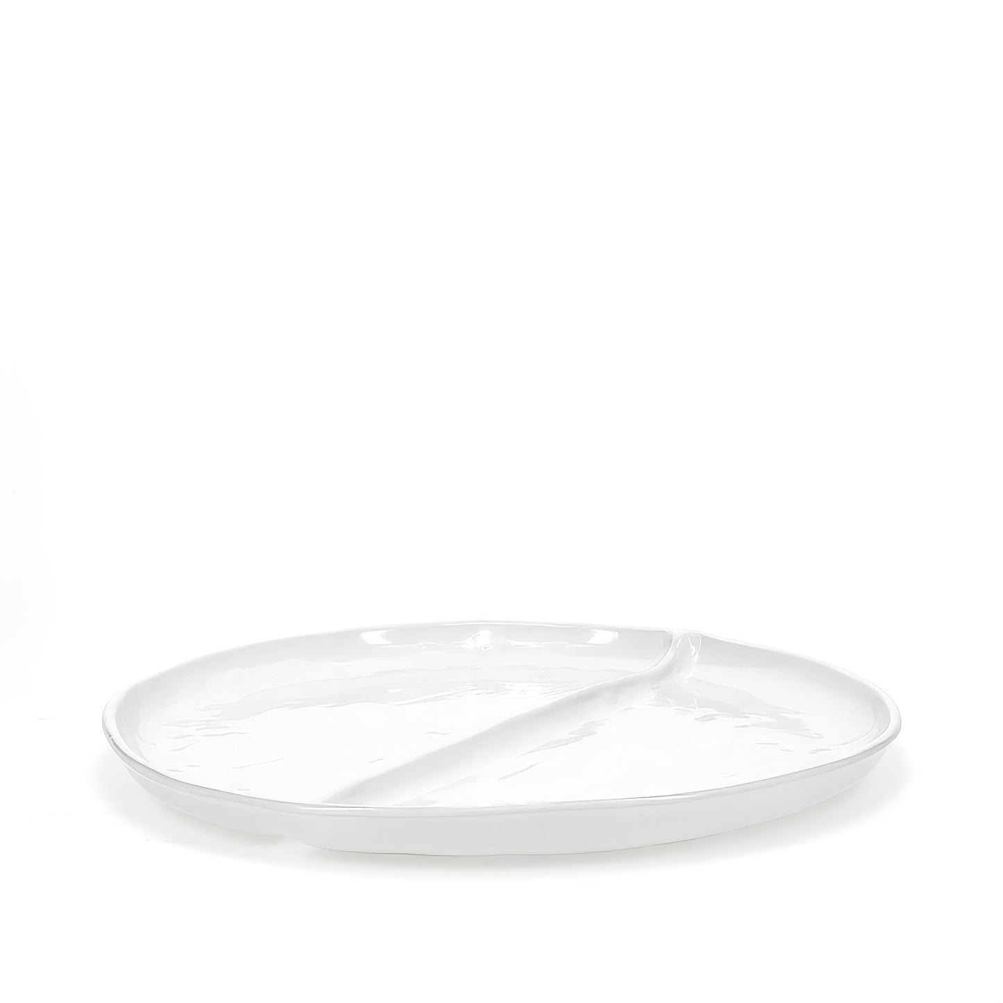 Handmade creamy white ceramic divided plate, 15"Dia, by Montes Doggett.