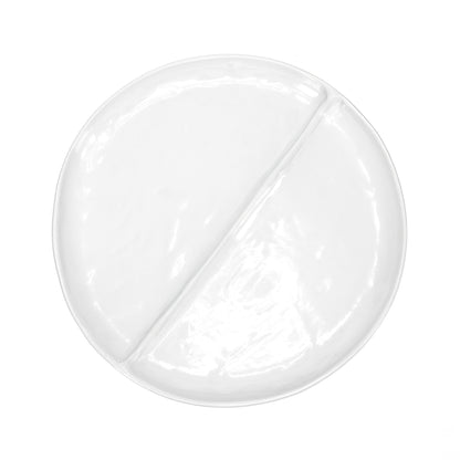 Handmade creamy white ceramic 15" divided plate by Montes Doggett, two sections.