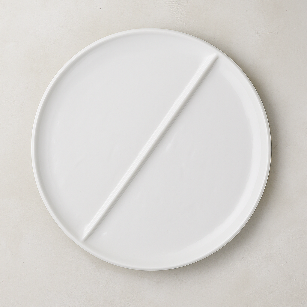 Handmade Montes Doggett creamy white ceramic 15" divided plate with two sections.
