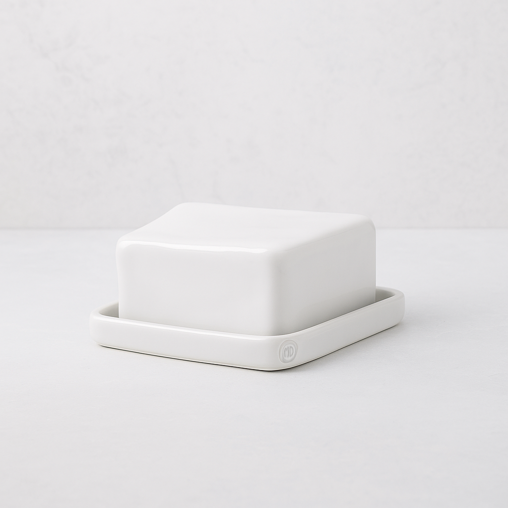 Handmade creamy white ceramic European butter dish by Montes Doggett, 6"L x 4.5"W x 3"H.