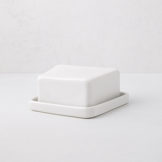 Handmade creamy white ceramic European butter dish by Montes Doggett, 6"L x 4.5"W x 3"H.